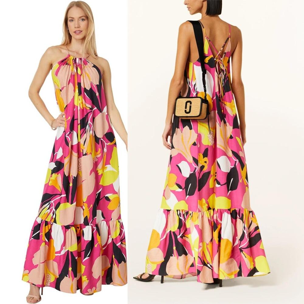 NEW Ted Baker Ikella Strappy Linen Maxi Dress Pleated Pink M/L Bloomcore Resort